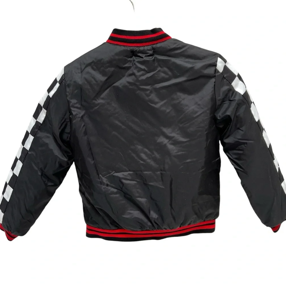 GIRLS Brooklyn Racing Moto Bomber Jacket Puffer‎ Black Red Patches Grunge Sporty